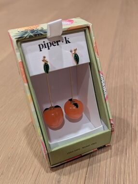 piper.k Peach Drop Earrings with Green Leaf Accents